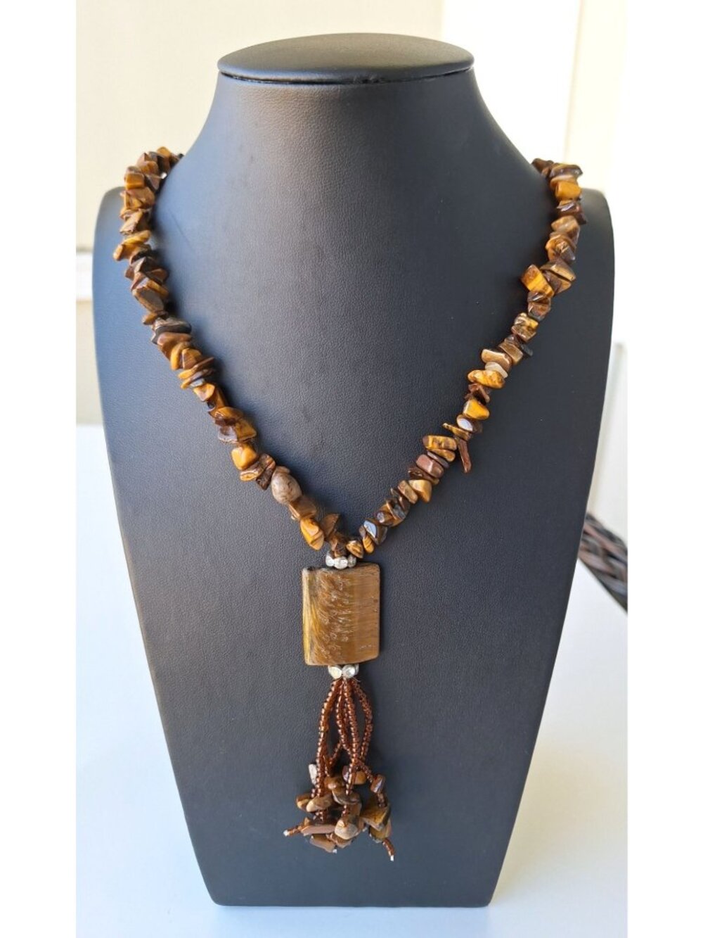 Natural Tigers Eye Gemstone Chip Necklace Rectangle Focal Stone Tassel Pendant